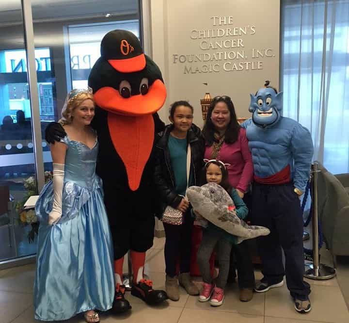 People posing with characters including a princess, a mascot, and a genie indoors.