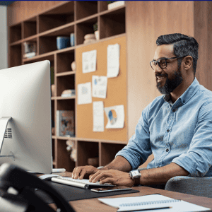 Man working happily on a desktop computer in a cozy office.